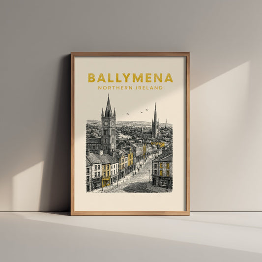 Ballymena Northern Ireland Travel Poster - Vintage Duotone Art Print - Engraved City Illustration - Spires and High Street 1/3