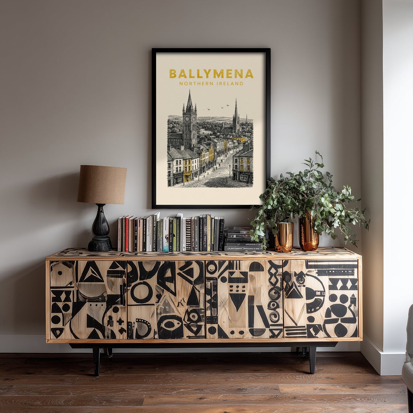 Ballymena Northern Ireland Travel Poster - Vintage Duotone Art Print - Engraved City Illustration - Spires and High Street 1/3