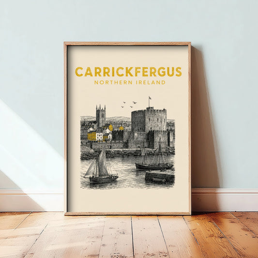 Carrickfergus Northern Ireland Travel Poster - Vintage Duotone Art Print - Engraved City Illustration - Norman Castle on the Lough 2/3