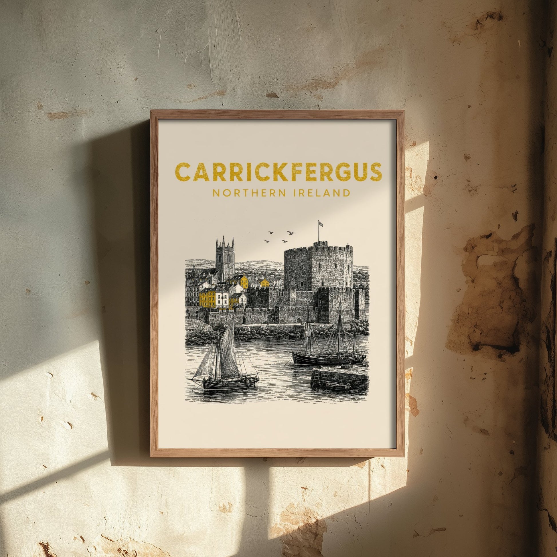 Carrickfergus Northern Ireland Travel Poster - Vintage Duotone Art Print - Engraved City Illustration - Norman Castle on the Lough 2/3