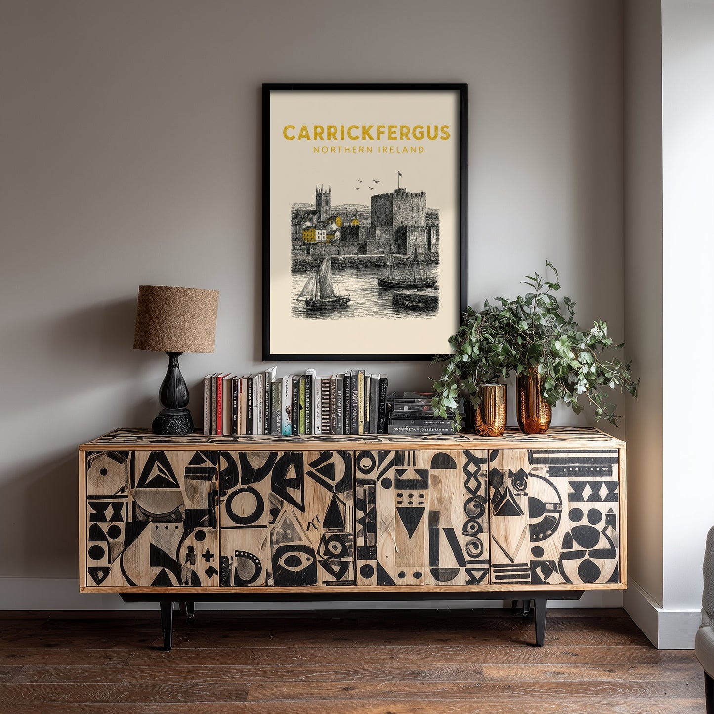 Carrickfergus Northern Ireland Travel Poster - Vintage Duotone Art Print - Engraved City Illustration - Norman Castle on the Lough 2/3