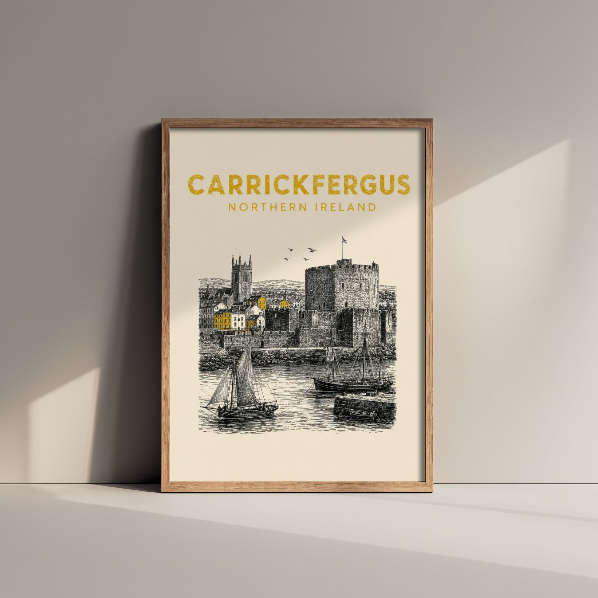 Carrickfergus Northern Ireland Travel Poster - Vintage Duotone Art Print - Engraved City Illustration - Norman Castle on the Lough 2/3