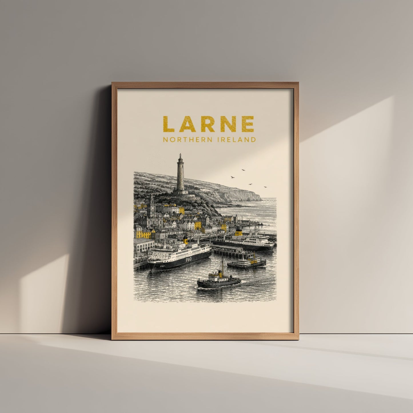 Larne Northern Ireland Travel Poster - Vintage Duotone Art Print - Engraved City Illustration - Harbour and Ferry 3/3