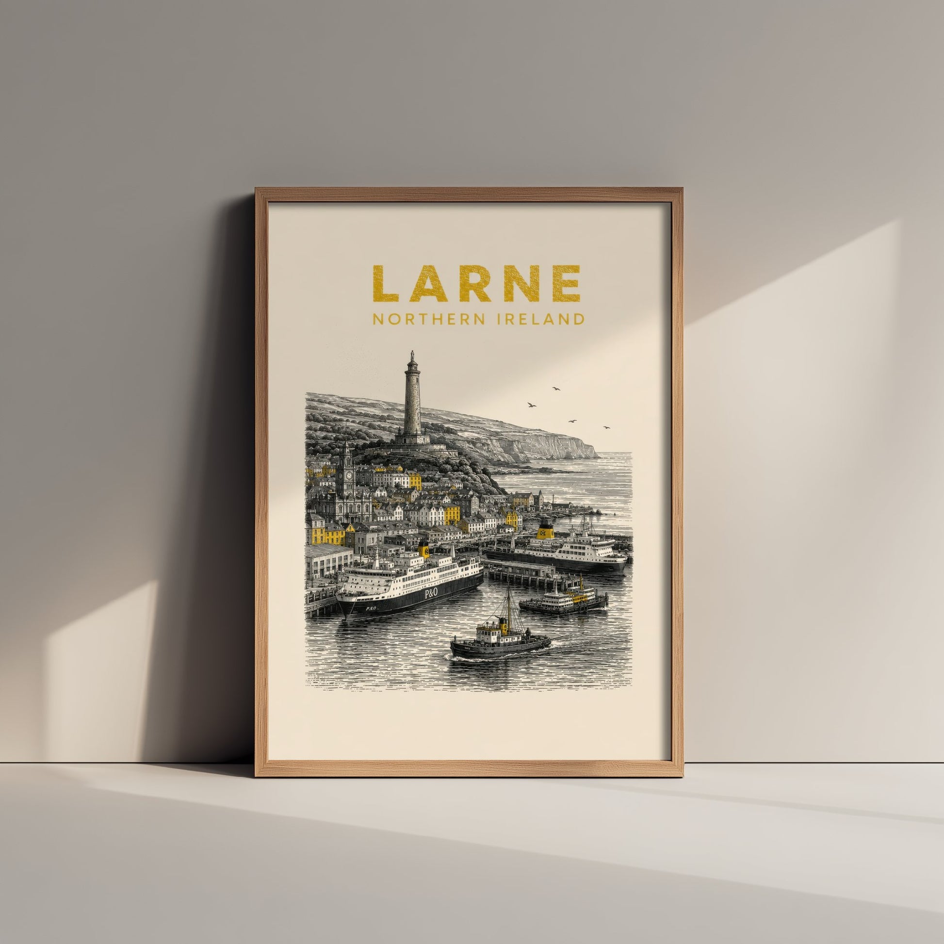 Larne Northern Ireland Travel Poster - Vintage Duotone Art Print - Engraved City Illustration - Harbour and Ferry 3/3
