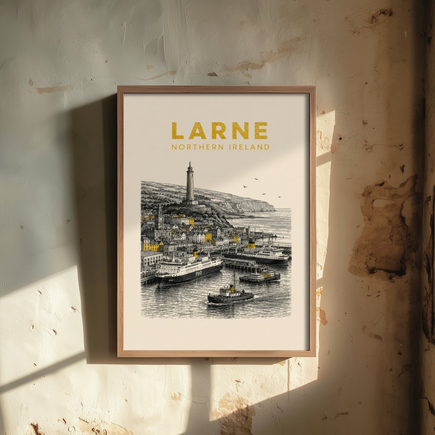 Larne Northern Ireland Travel Poster - Vintage Duotone Art Print - Engraved City Illustration - Harbour and Ferry 3/3