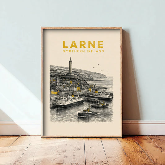 Larne Northern Ireland Travel Poster - Vintage Duotone Art Print - Engraved City Illustration - Harbour and Ferry 3/3