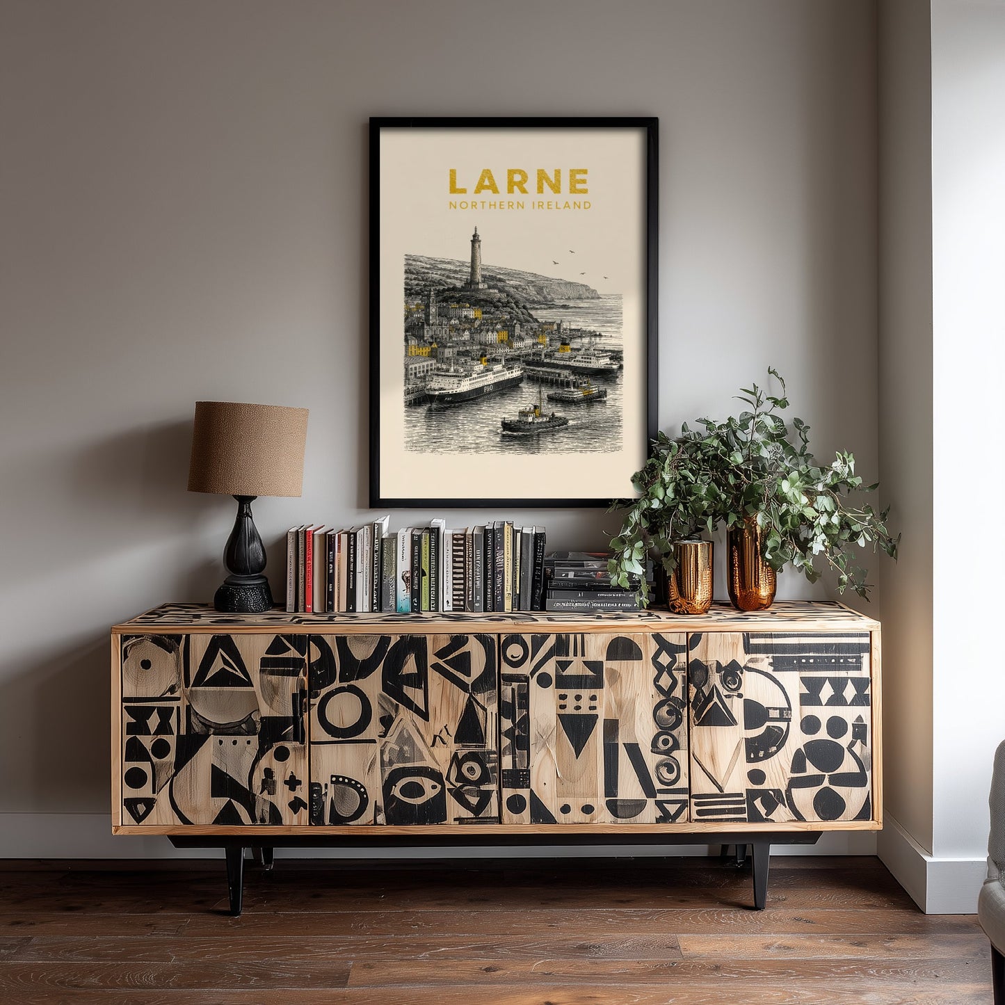 Larne Northern Ireland Travel Poster - Vintage Duotone Art Print - Engraved City Illustration - Harbour and Ferry 3/3