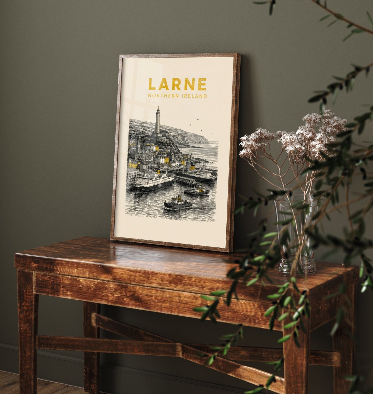 Larne Northern Ireland Travel Poster - Vintage Duotone Art Print - Engraved City Illustration - Harbour and Ferry 3/3