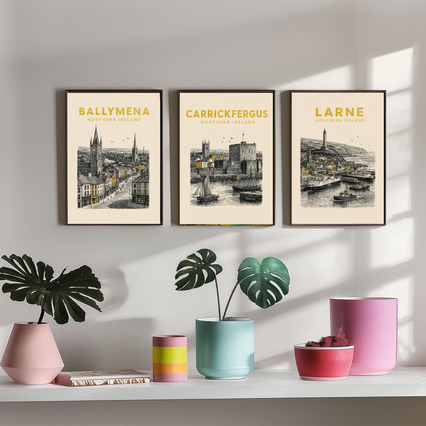Set of Three Antrim Travel Posters - Ballymena, Carrickfergus, Larne - Vintage Duotone Art Prints - Northern Ireland Illustration Gift