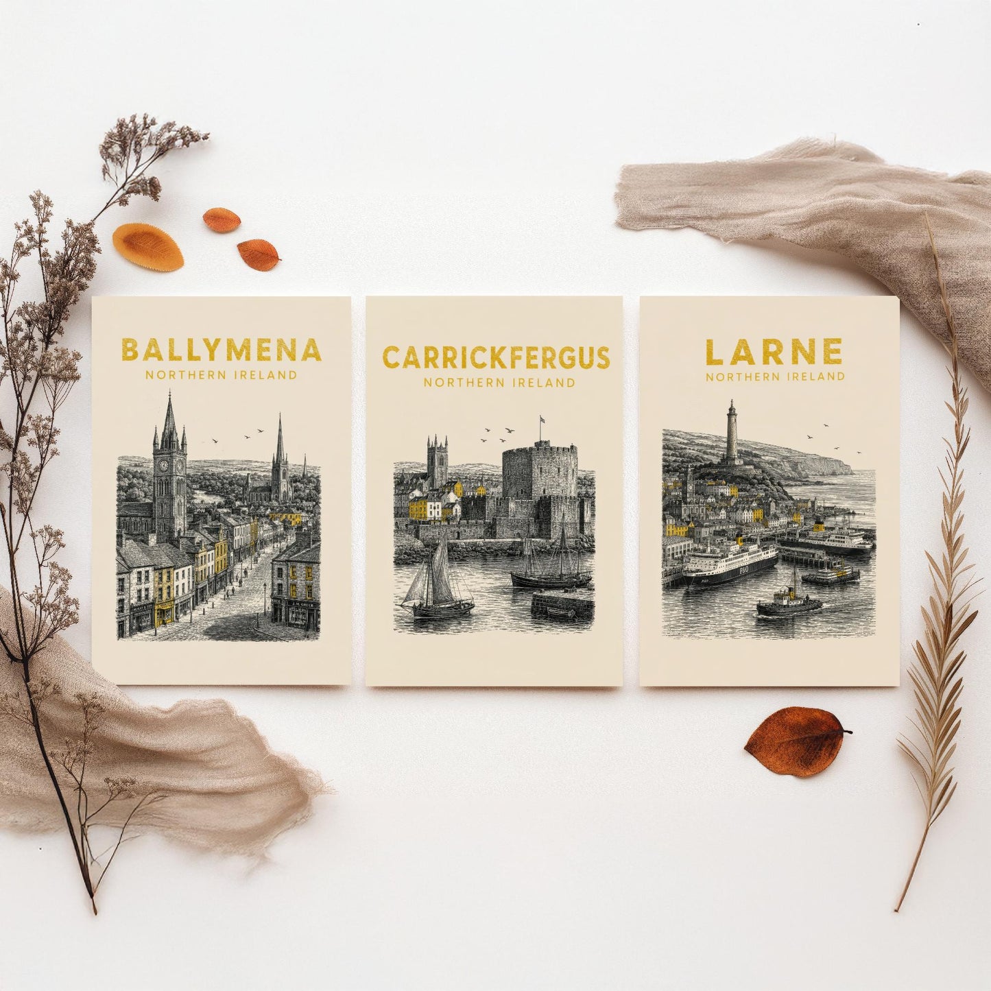 Set of Three Antrim Travel Posters - Ballymena, Carrickfergus, Larne - Vintage Duotone Art Prints - Northern Ireland Illustration Gift