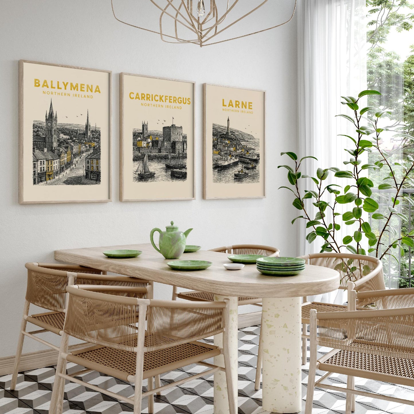 Set of Three Antrim Travel Posters - Ballymena, Carrickfergus, Larne - Vintage Duotone Art Prints - Northern Ireland Illustration Gift