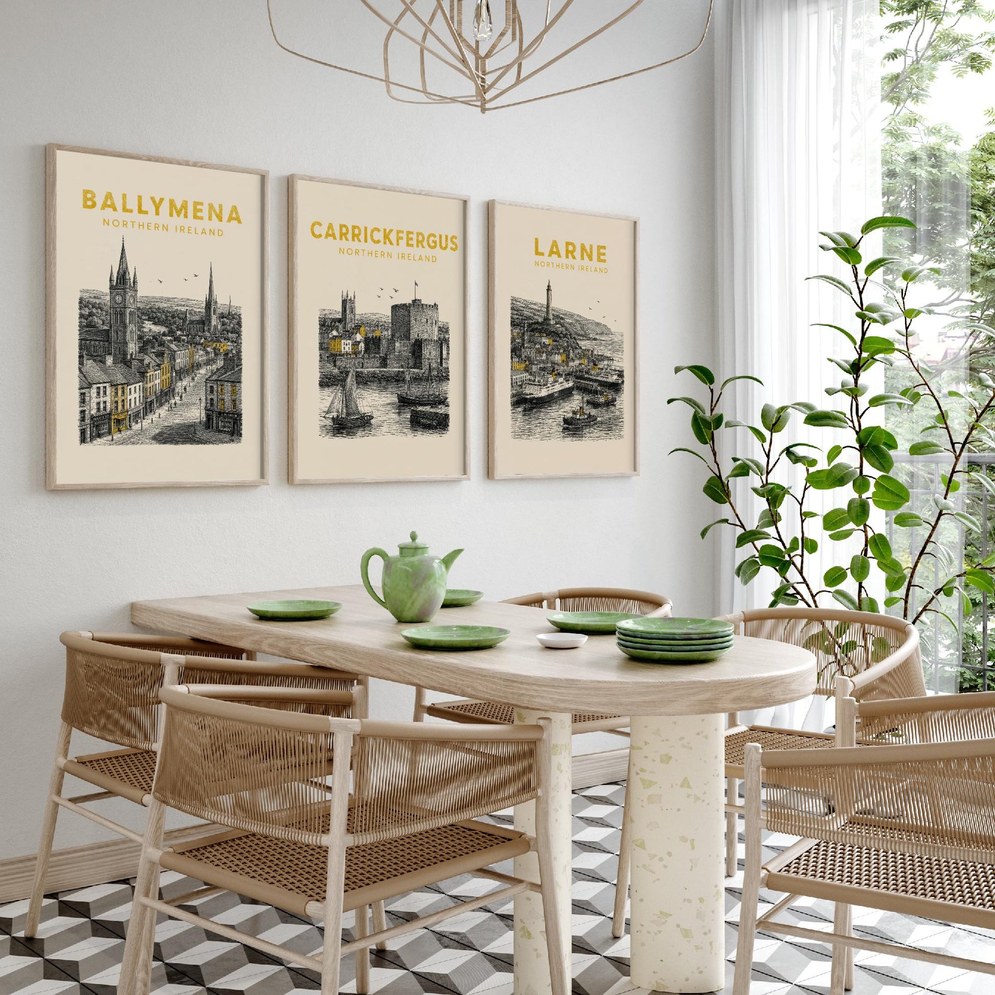 Set of Three Antrim Travel Posters - Ballymena, Carrickfergus, Larne - Vintage Duotone Art Prints - Northern Ireland Illustration Gift