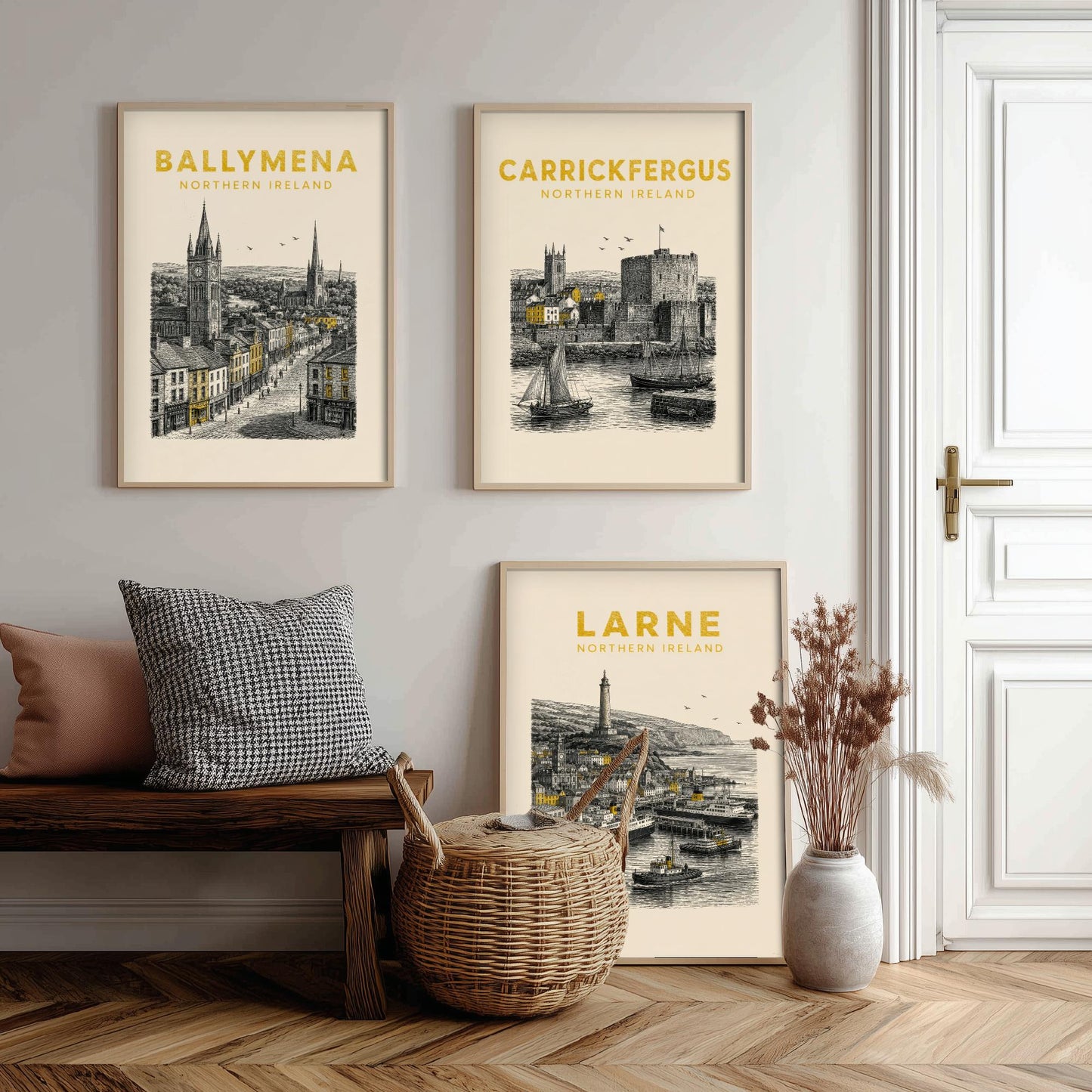 Set of Three Antrim Travel Posters - Ballymena, Carrickfergus, Larne - Vintage Duotone Art Prints - Northern Ireland Illustration Gift