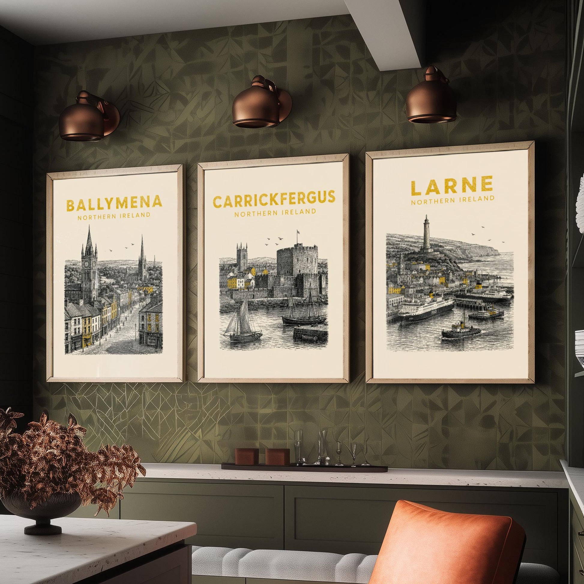Set of Three Antrim Travel Posters - Ballymena, Carrickfergus, Larne - Vintage Duotone Art Prints - Northern Ireland Illustration Gift