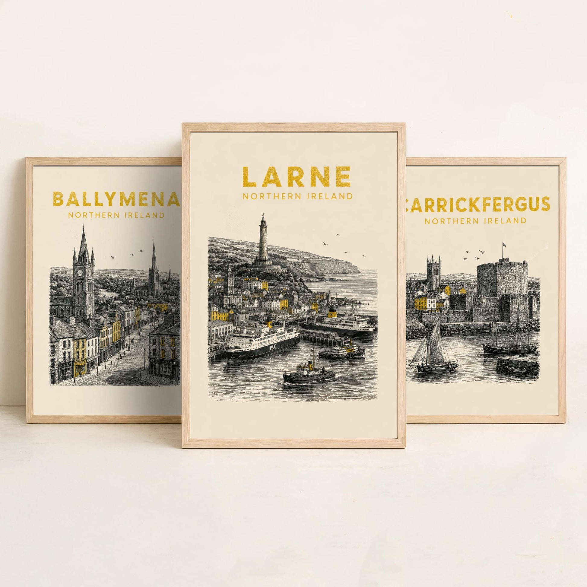 Set of Three Antrim Travel Posters - Ballymena, Carrickfergus, Larne - Vintage Duotone Art Prints - Northern Ireland Illustration Gift