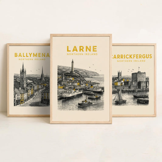 Set of Three Antrim Travel Posters - Ballymena, Carrickfergus, Larne - Vintage Duotone Art Prints - Northern Ireland Illustration Gift