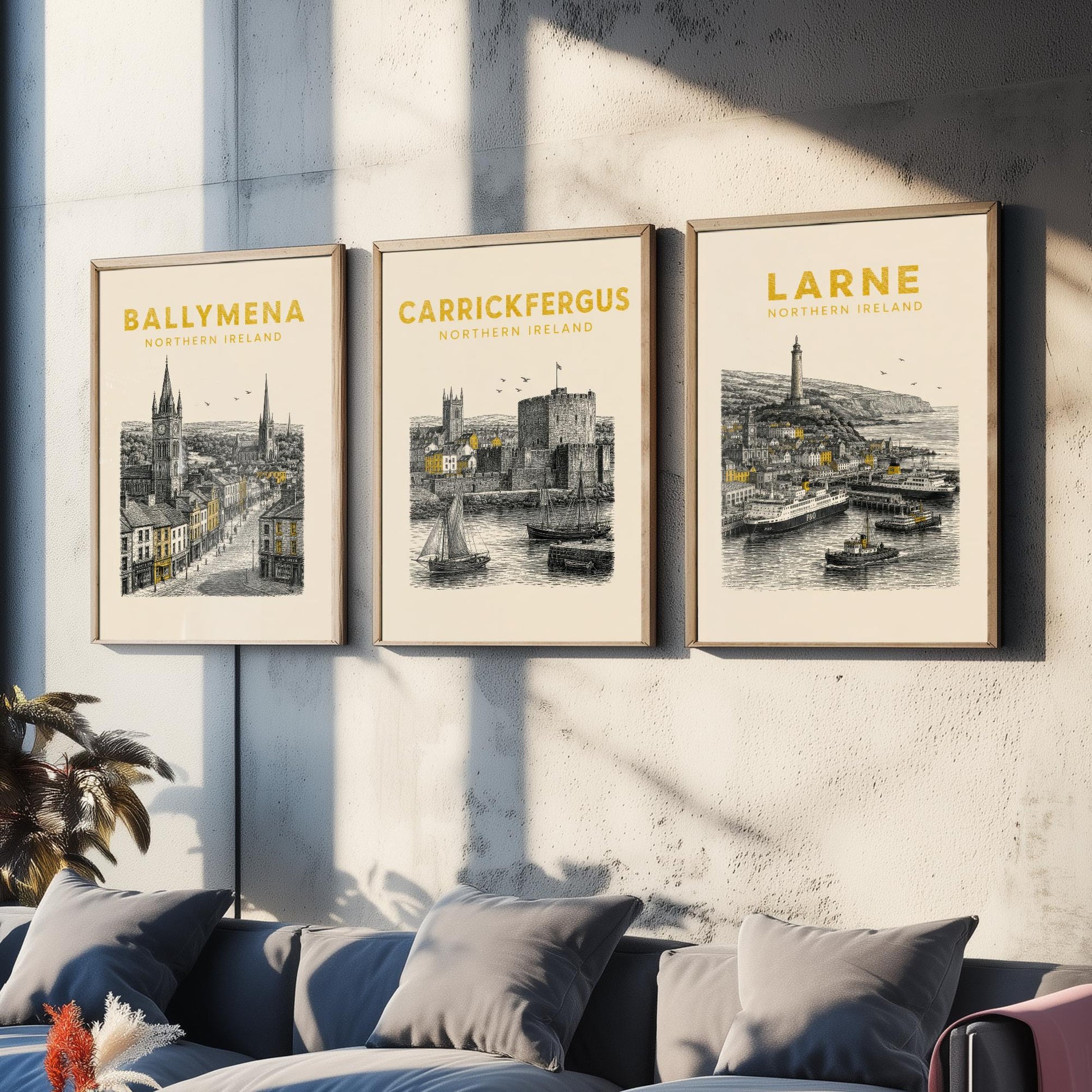 Set of Three Antrim Travel Posters - Ballymena, Carrickfergus, Larne - Vintage Duotone Art Prints - Northern Ireland Illustration Gift