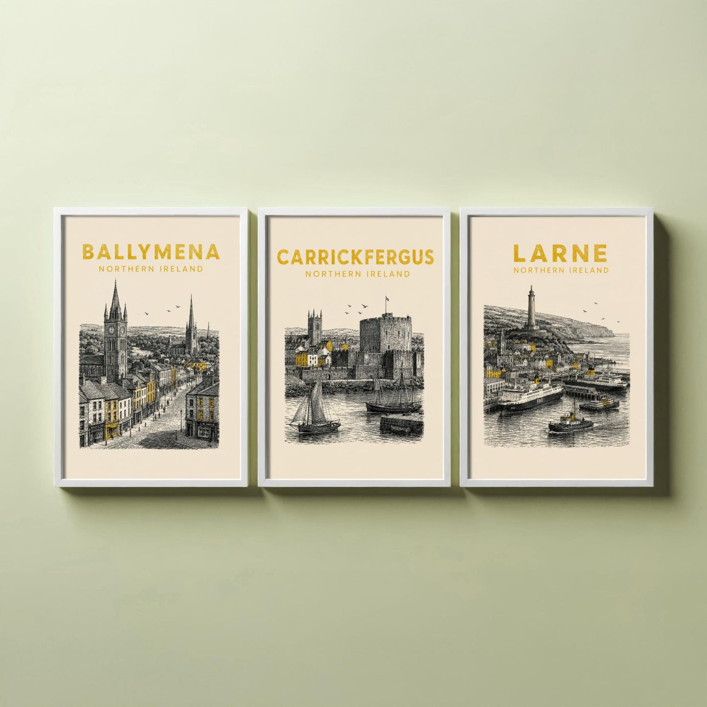 Set of Three Antrim Travel Posters - Ballymena, Carrickfergus, Larne - Vintage Duotone Art Prints - Northern Ireland Illustration Gift