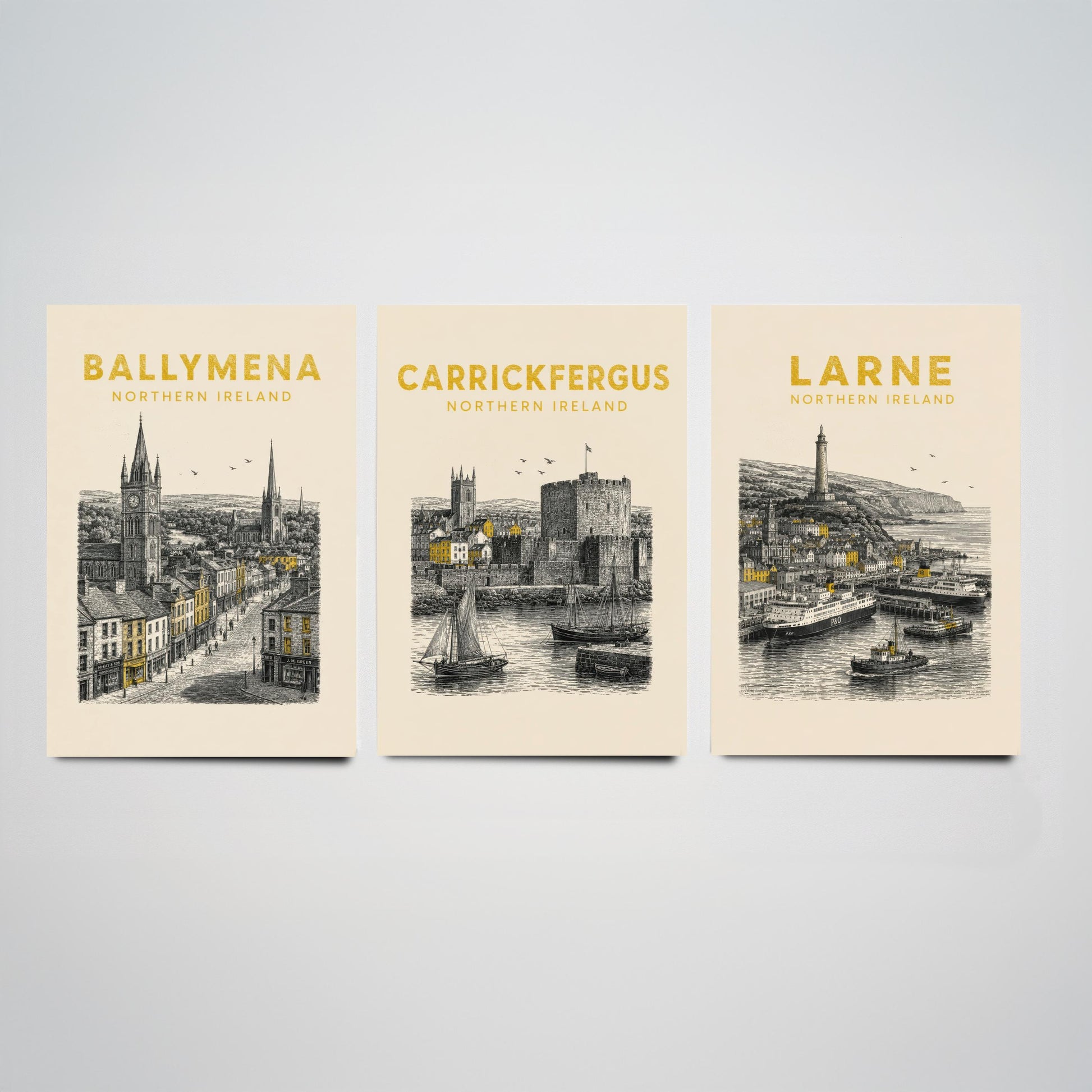 Set of Three Antrim Travel Posters - Ballymena, Carrickfergus, Larne - Vintage Duotone Art Prints - Northern Ireland Illustration Gift