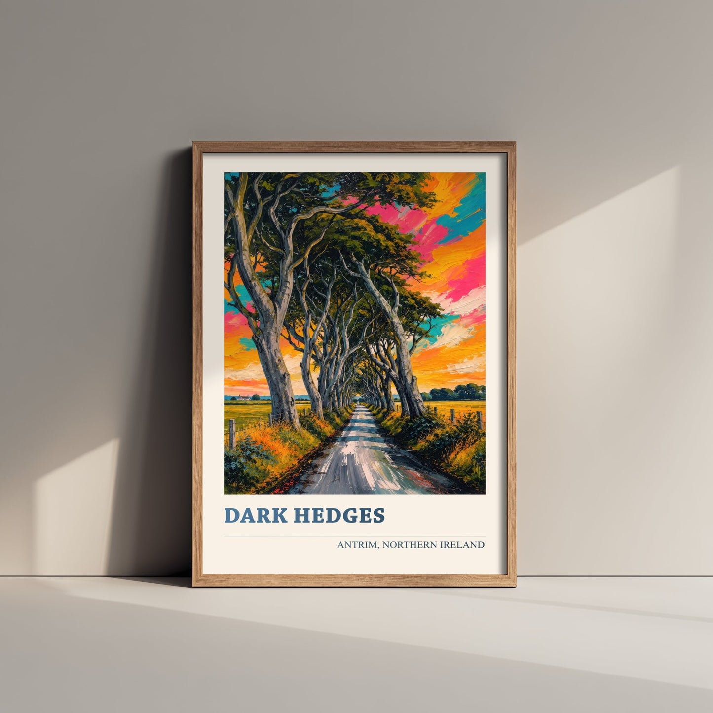 Dark Hedges Travel Poster - County Antrim Art Print - Northern Ireland Painting - Vibrant Tree Avenue 1/3