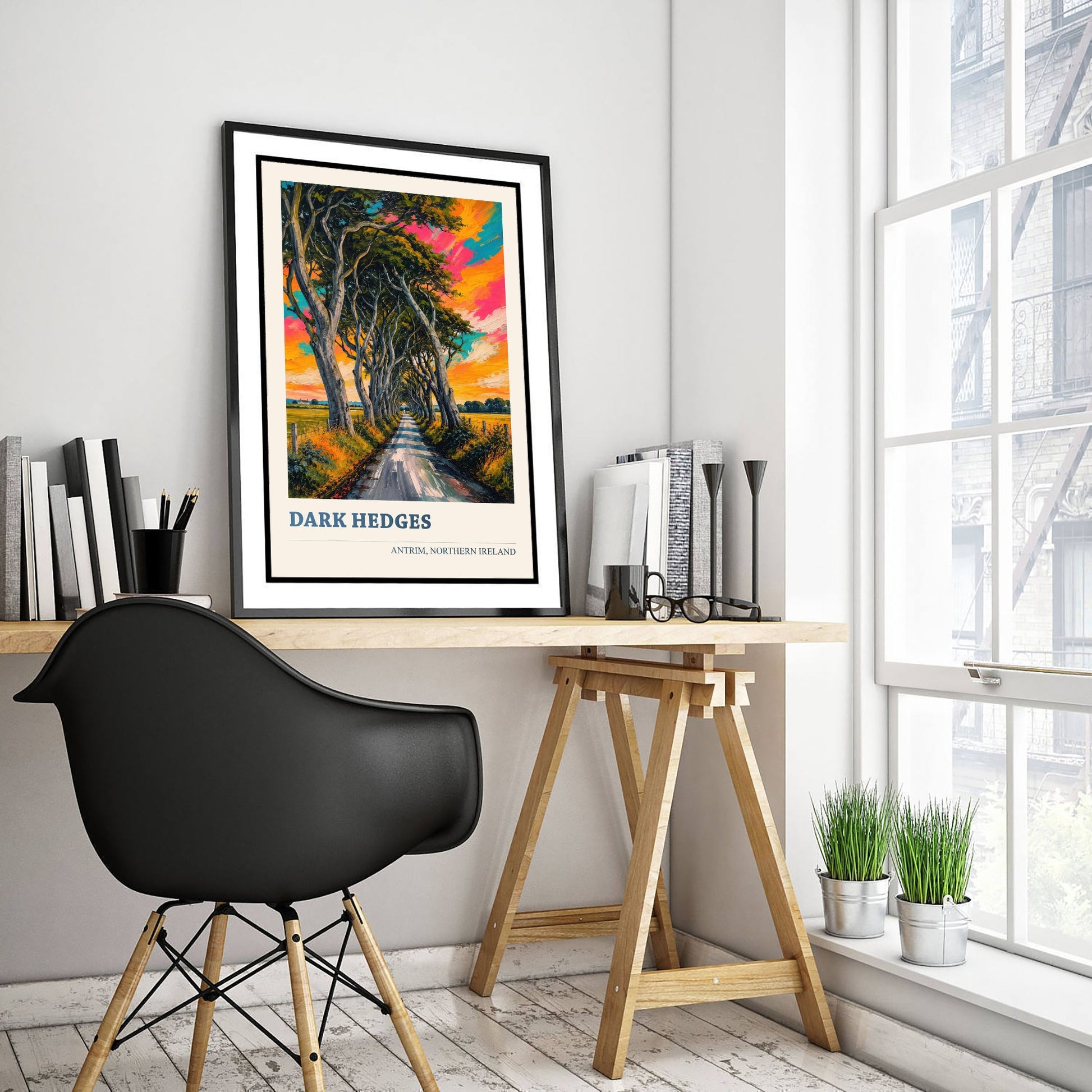 Dark Hedges Travel Poster - County Antrim Art Print - Northern Ireland Painting - Vibrant Tree Avenue 1/3