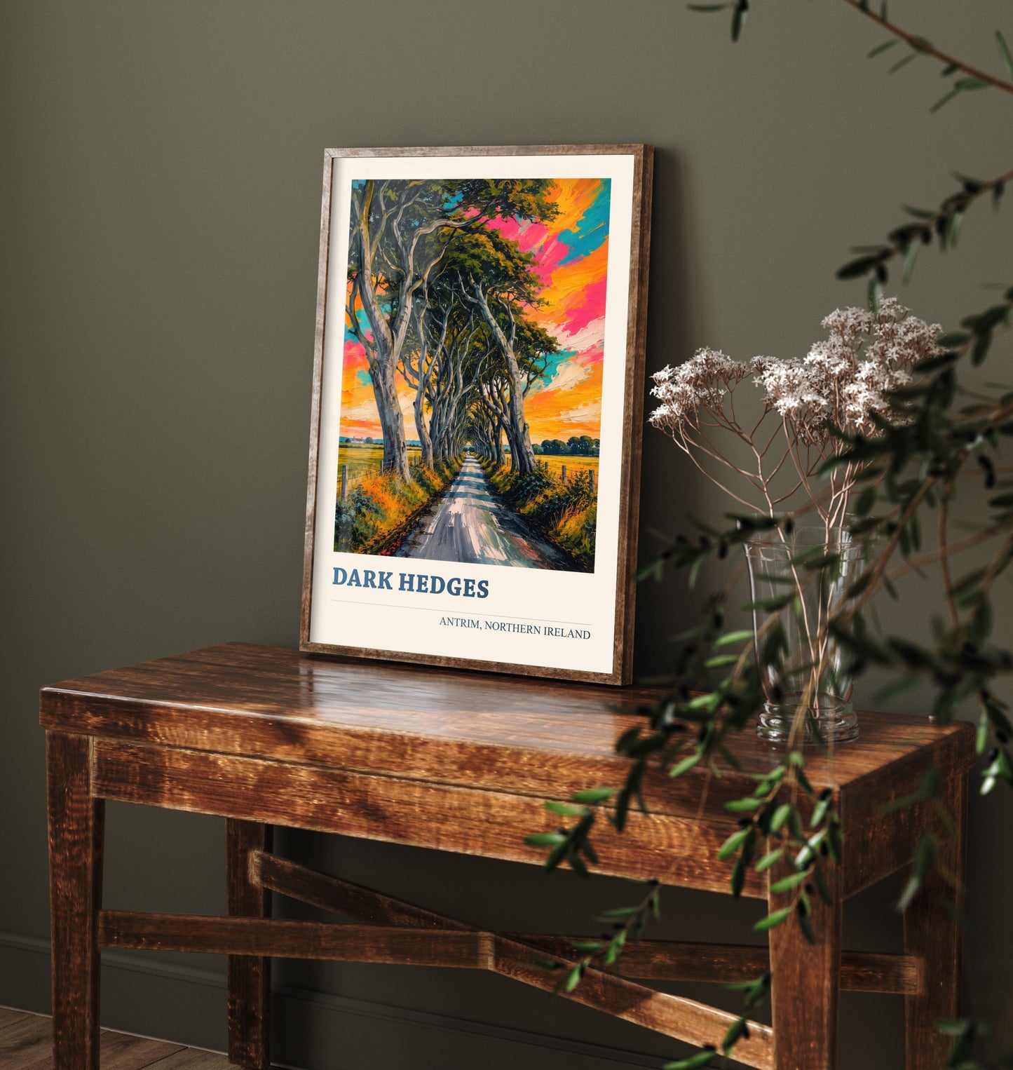 Dark Hedges Travel Poster - County Antrim Art Print - Northern Ireland Painting - Vibrant Tree Avenue 1/3