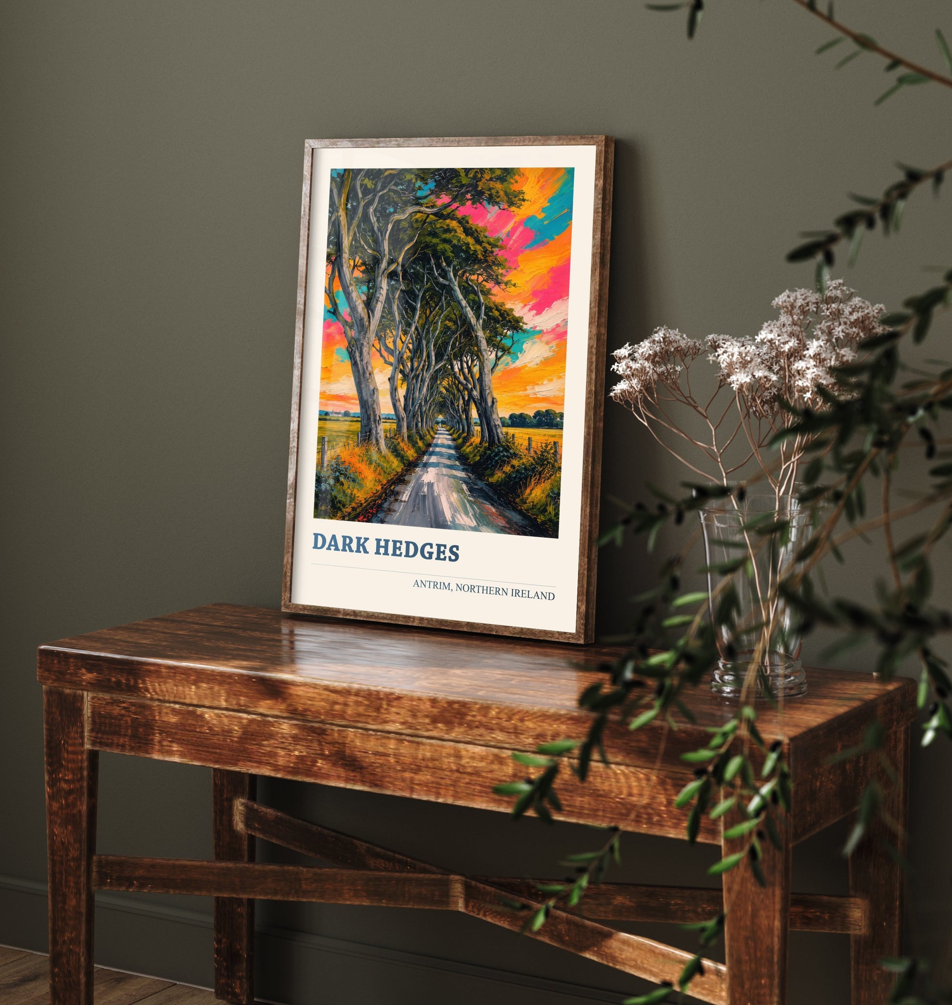 Dark Hedges Travel Poster - County Antrim Art Print - Northern Ireland Painting - Vibrant Tree Avenue 1/3