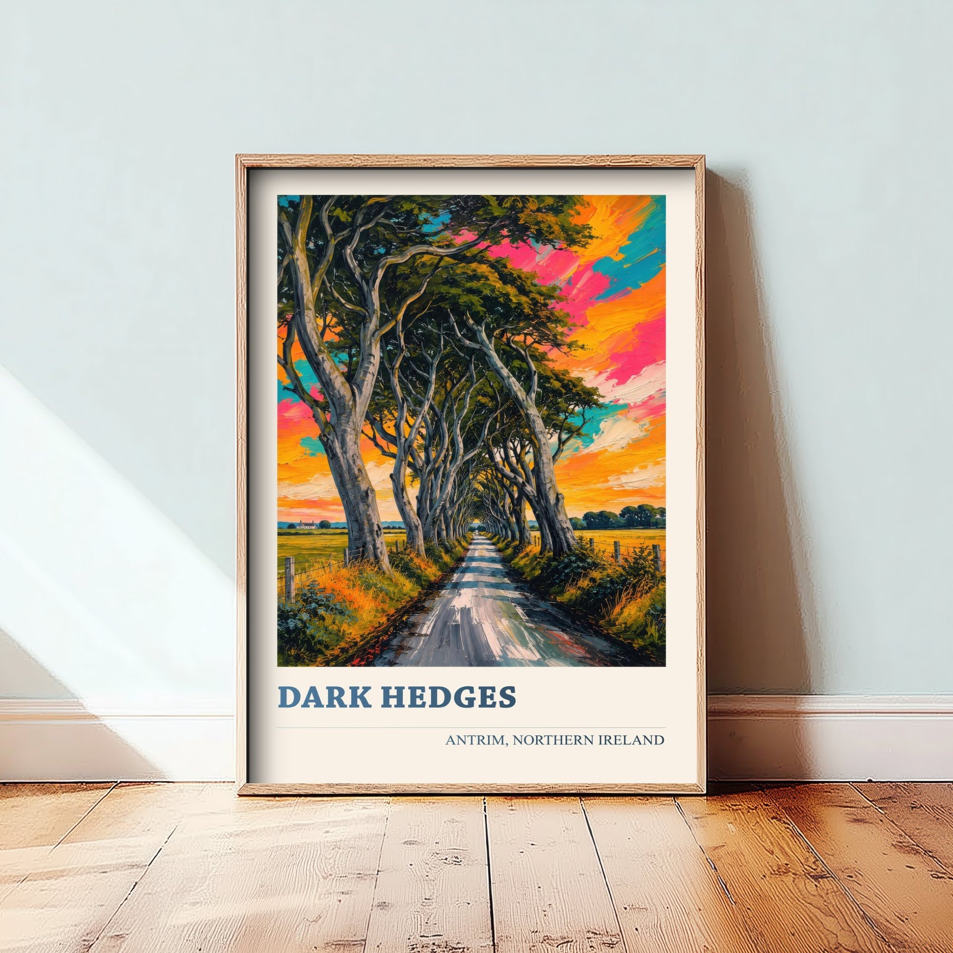 Dark Hedges Travel Poster - County Antrim Art Print - Northern Ireland Painting - Vibrant Tree Avenue 1/3