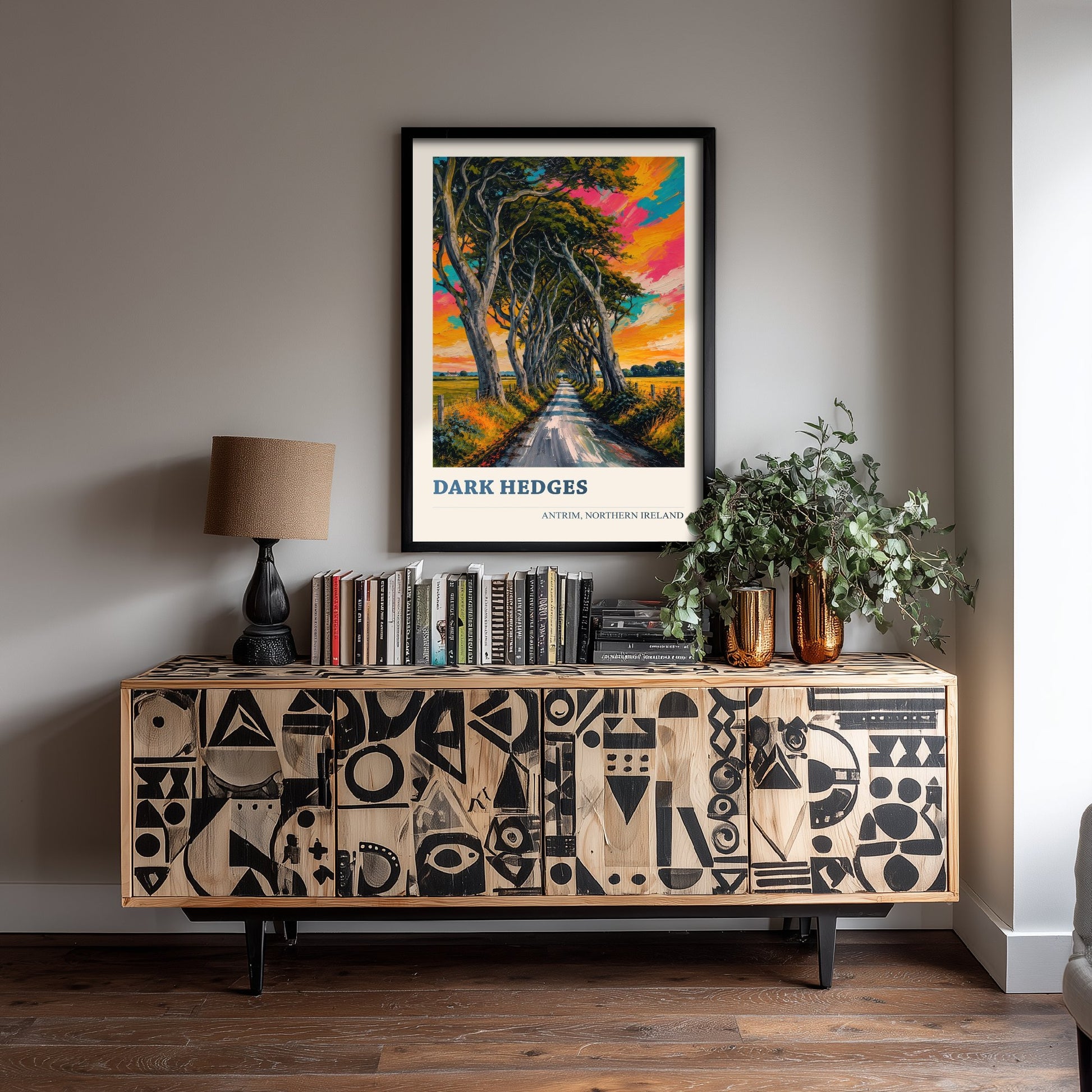 Dark Hedges Travel Poster - County Antrim Art Print - Northern Ireland Painting - Vibrant Tree Avenue 1/3
