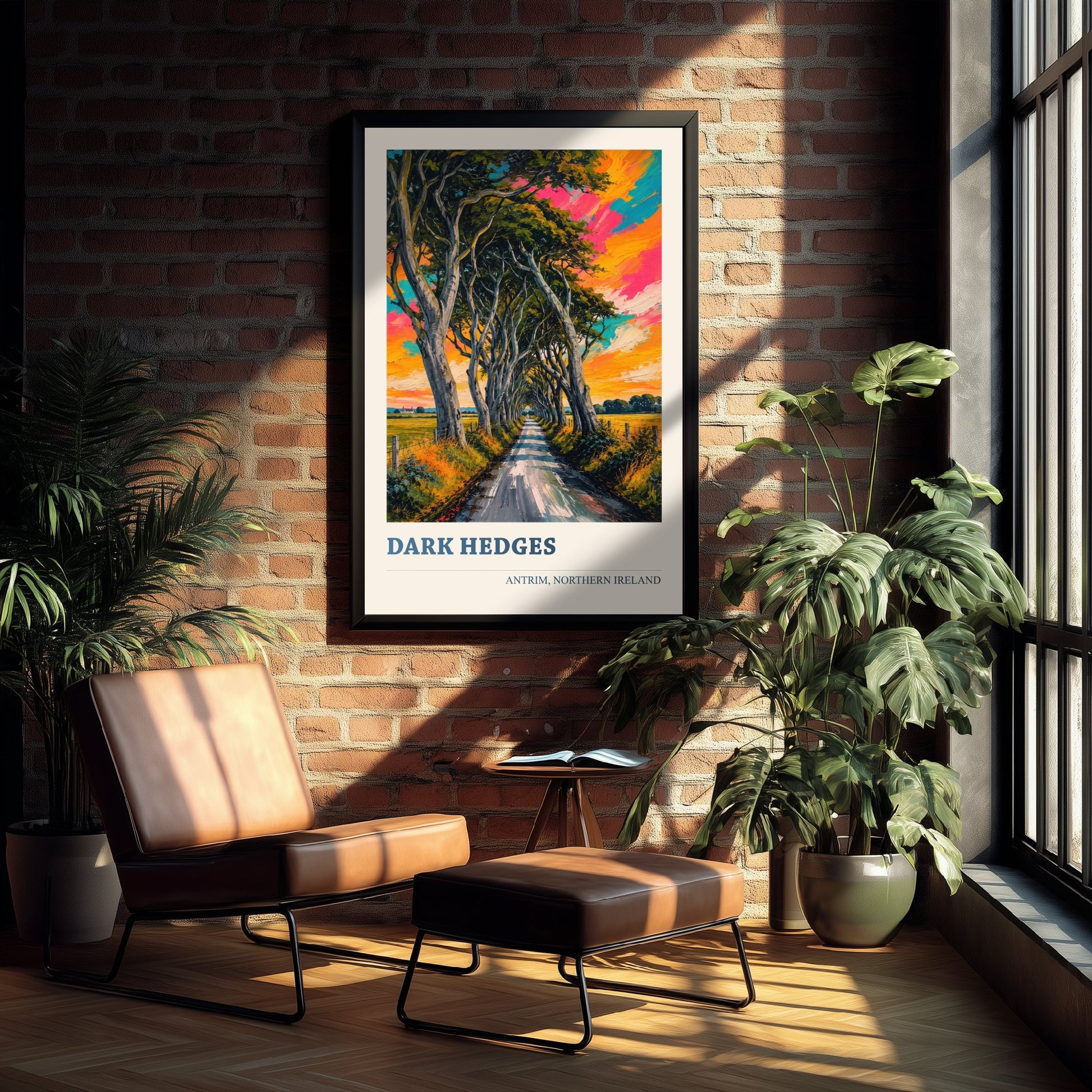Dark Hedges Travel Poster - County Antrim Art Print - Northern Ireland Painting - Vibrant Tree Avenue 1/3