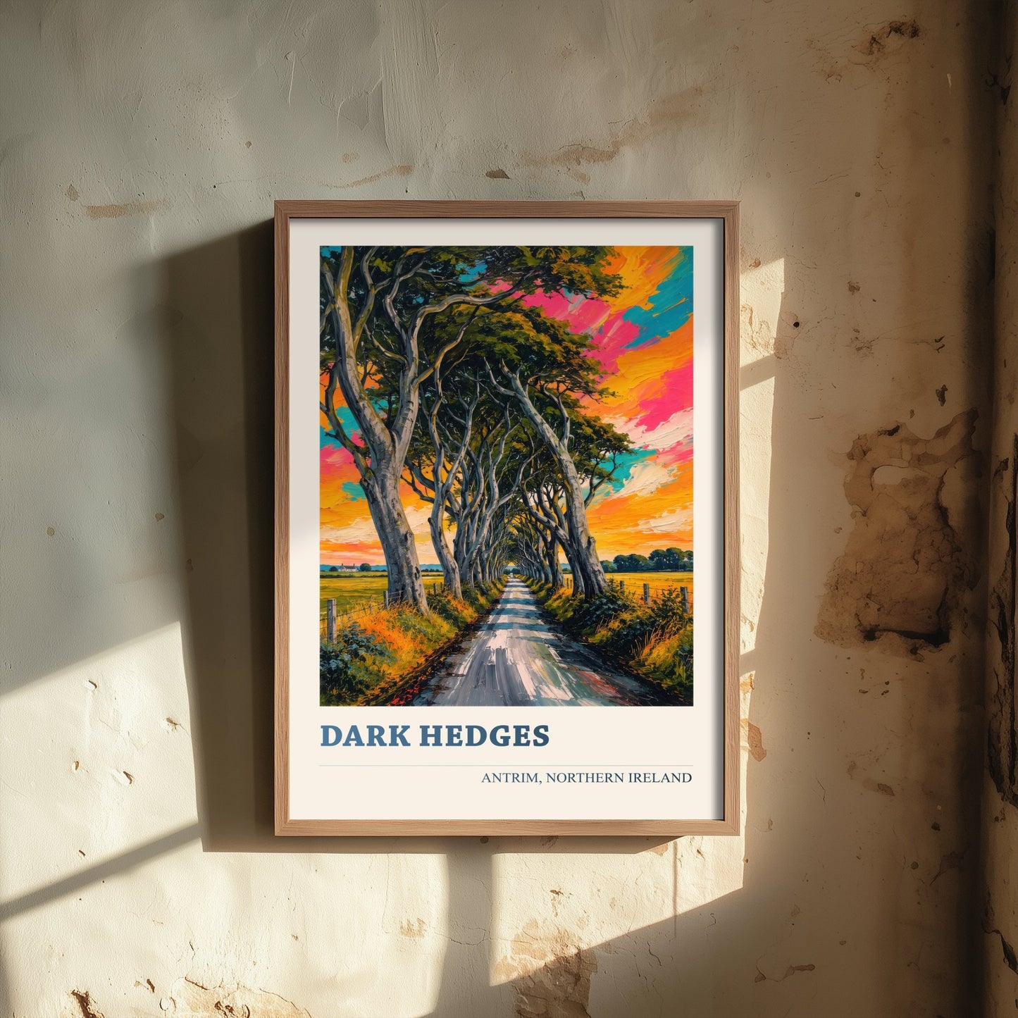 Dark Hedges Travel Poster - County Antrim Art Print - Northern Ireland Painting - Vibrant Tree Avenue 1/3