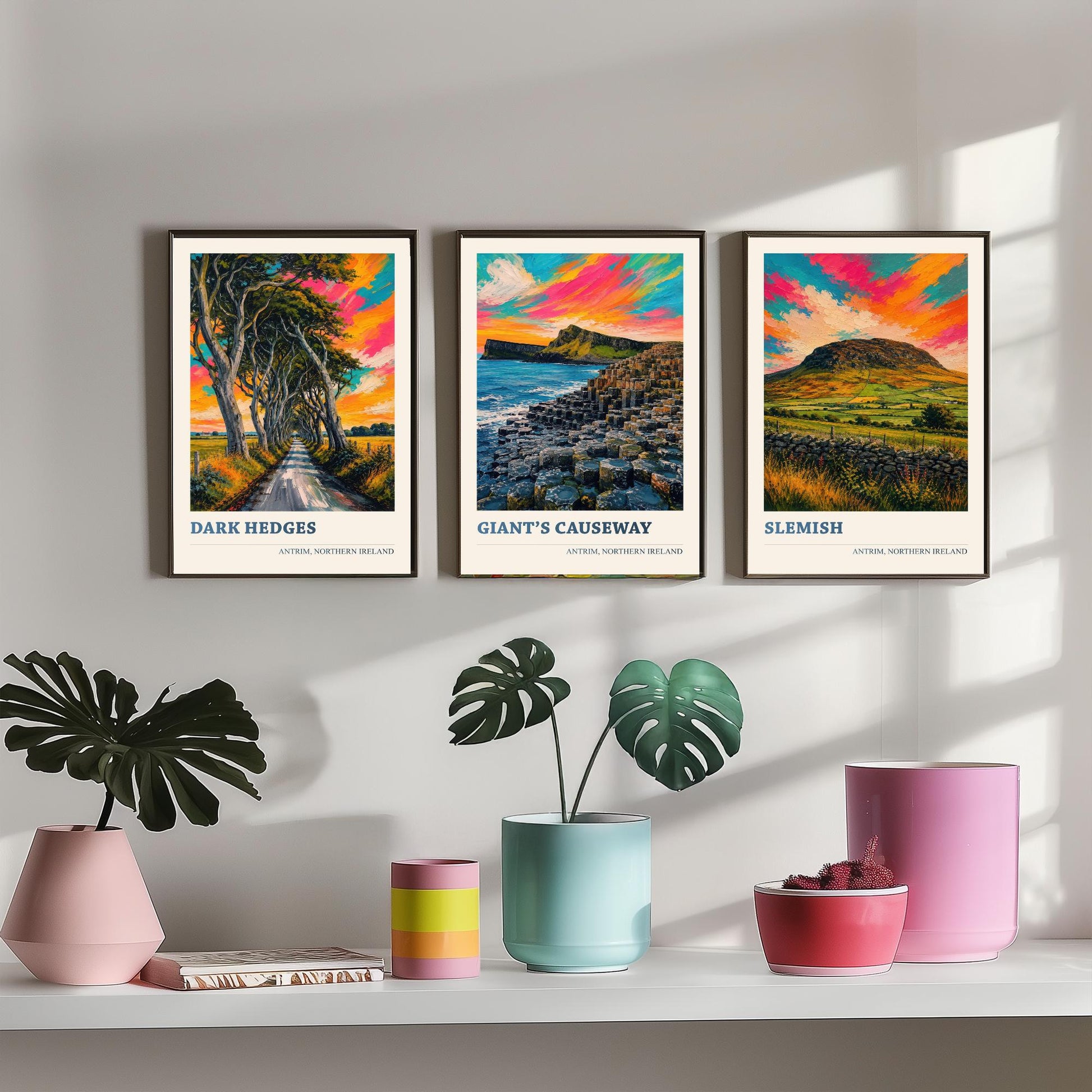 Antrim Northern Ireland Set of Three Prints | Dark Hedges Giants Causeway Slemish | Vibrant Impasto Painting Wall Art Poster
