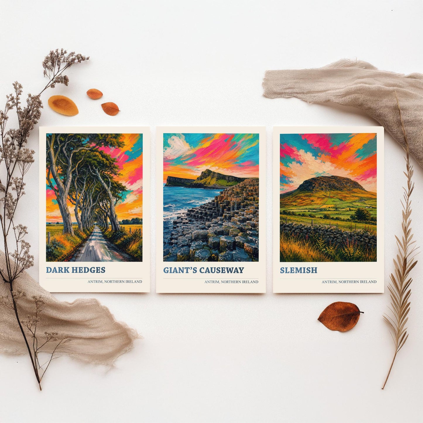 Antrim Northern Ireland Set of Three Prints | Dark Hedges Giants Causeway Slemish | Vibrant Impasto Painting Wall Art Poster