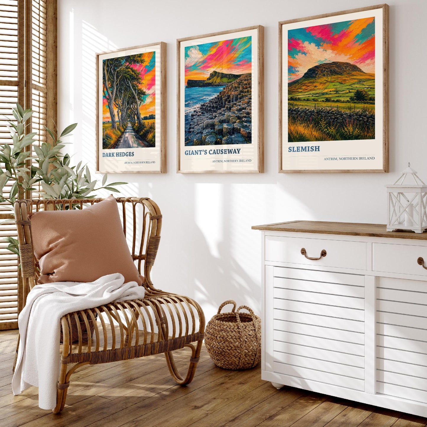 Antrim Northern Ireland Set of Three Prints | Dark Hedges Giants Causeway Slemish | Vibrant Impasto Painting Wall Art Poster