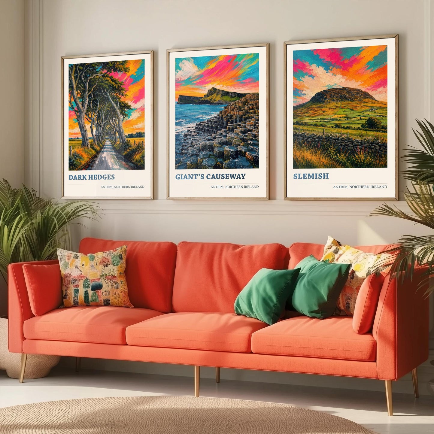 Antrim Northern Ireland Set of Three Prints | Dark Hedges Giants Causeway Slemish | Vibrant Impasto Painting Wall Art Poster