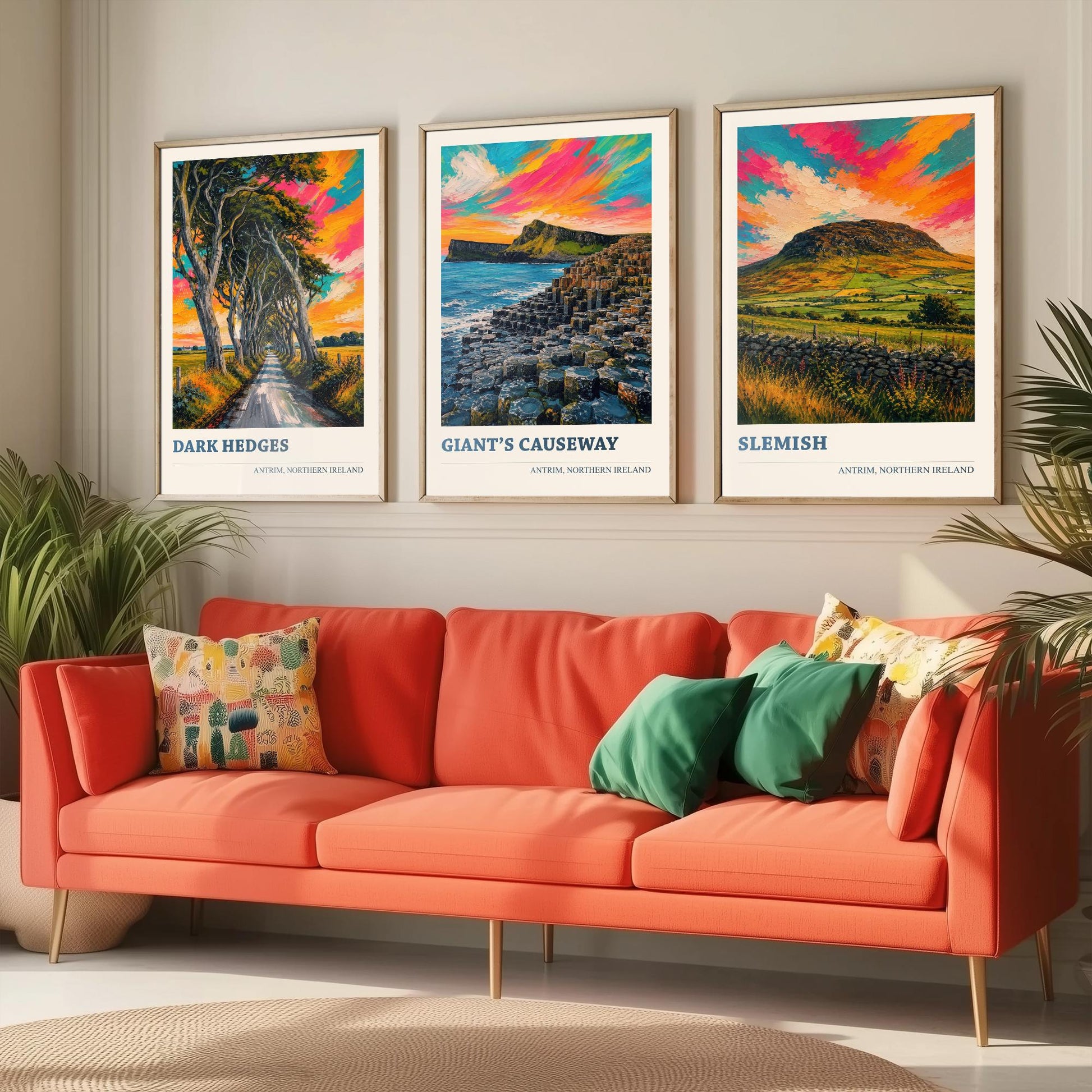 Antrim Northern Ireland Set of Three Prints | Dark Hedges Giants Causeway Slemish | Vibrant Impasto Painting Wall Art Poster