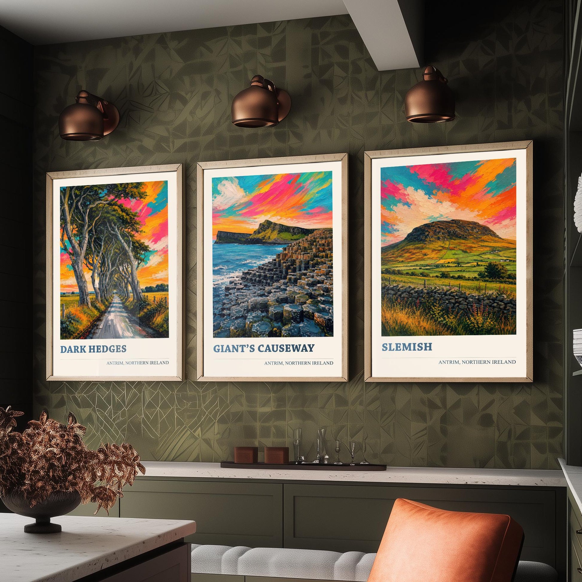 Antrim Northern Ireland Set of Three Prints | Dark Hedges Giants Causeway Slemish | Vibrant Impasto Painting Wall Art Poster