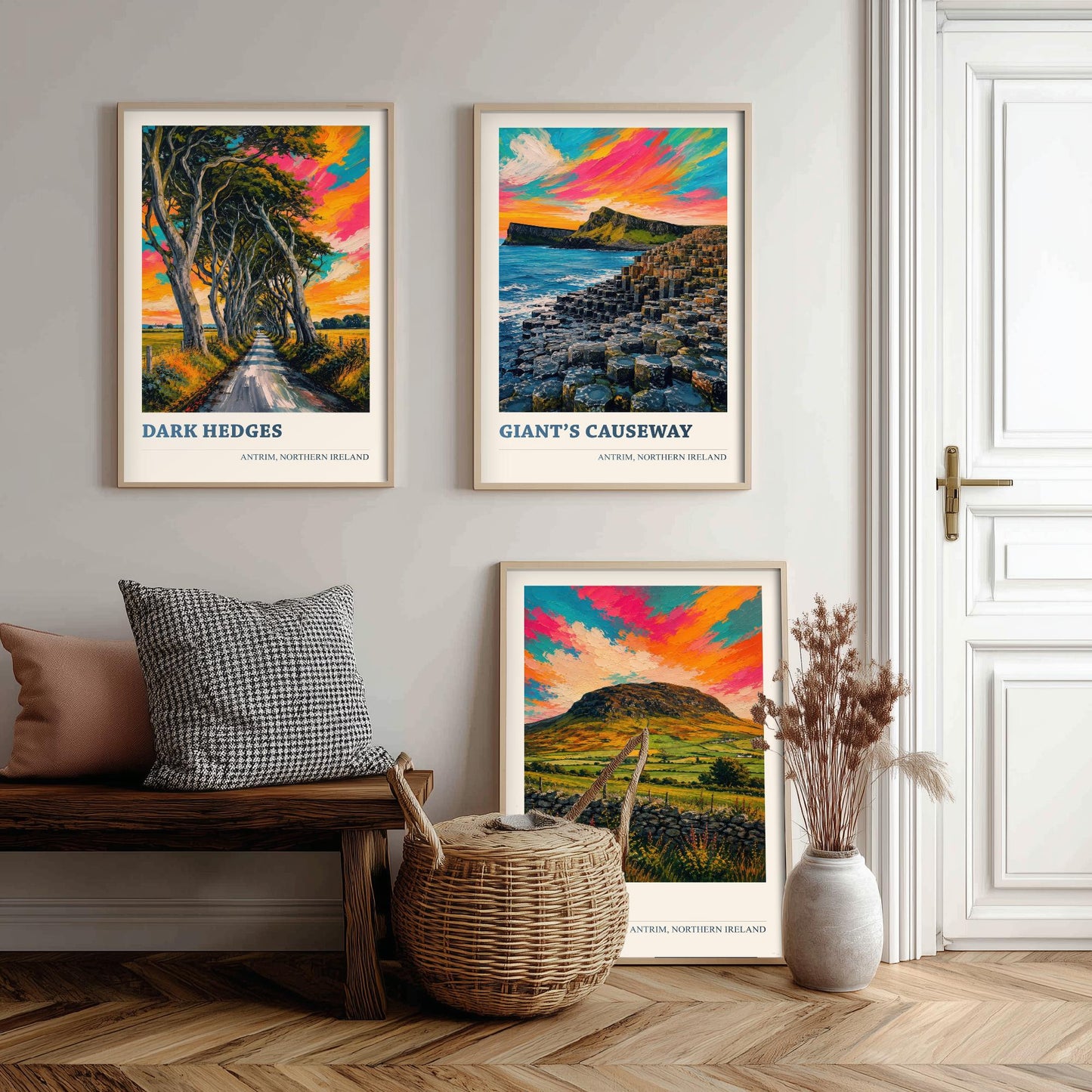 Antrim Northern Ireland Set of Three Prints | Dark Hedges Giants Causeway Slemish | Vibrant Impasto Painting Wall Art Poster