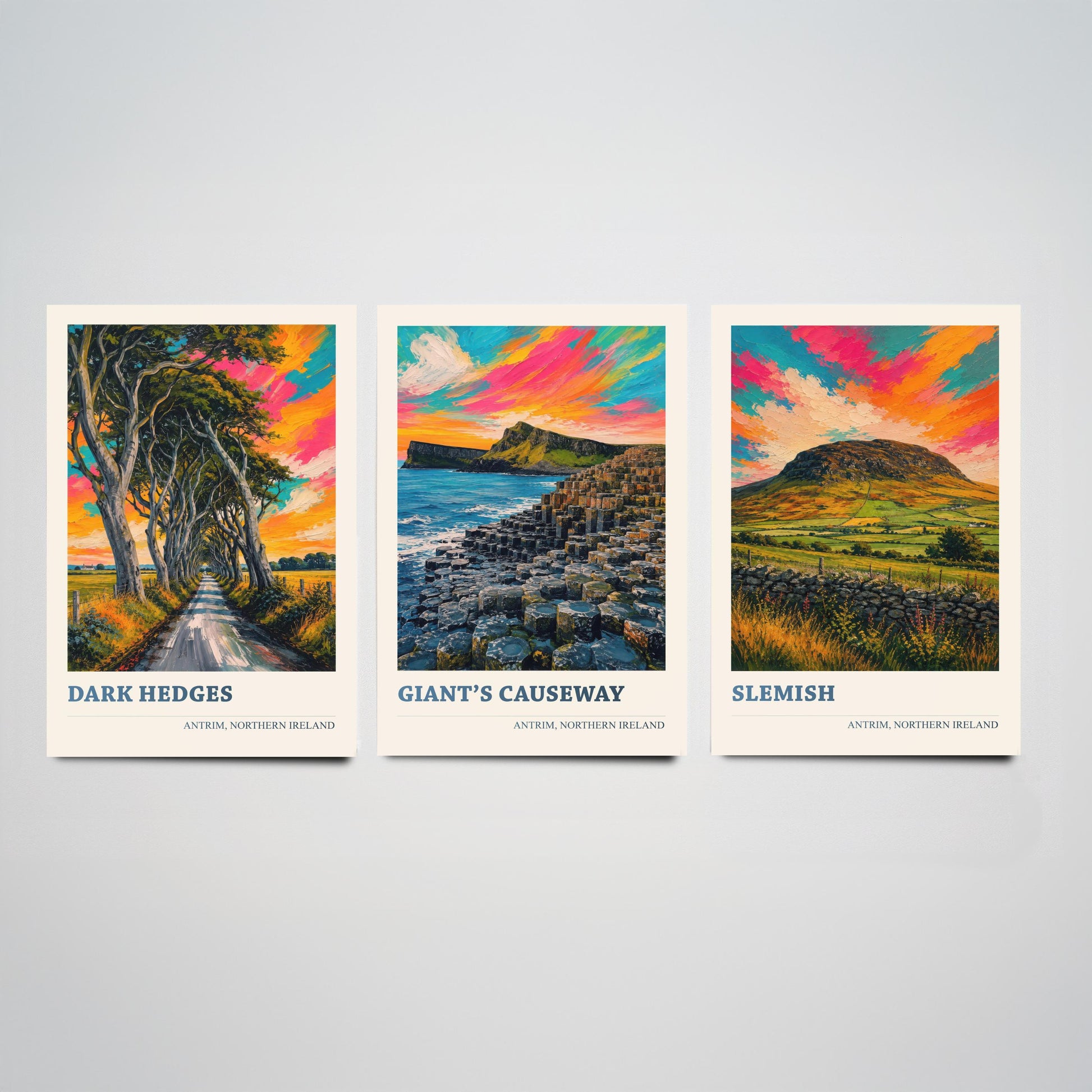 Antrim Northern Ireland Set of Three Prints | Dark Hedges Giants Causeway Slemish | Vibrant Impasto Painting Wall Art Poster