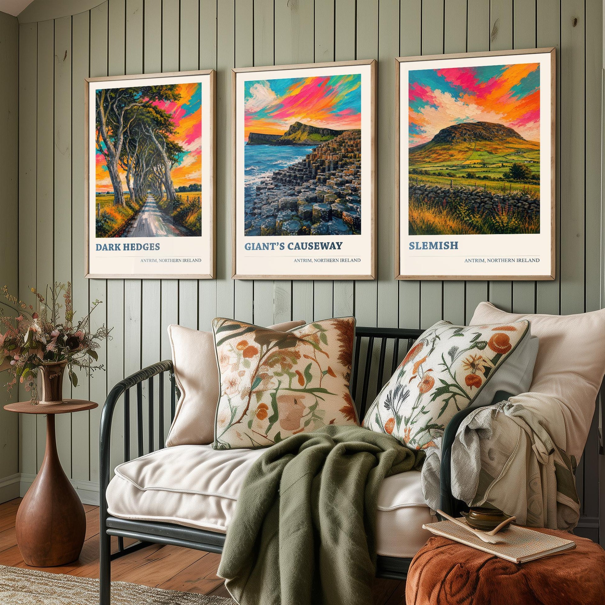 Antrim Northern Ireland Set of Three Prints | Dark Hedges Giants Causeway Slemish | Vibrant Impasto Painting Wall Art Poster