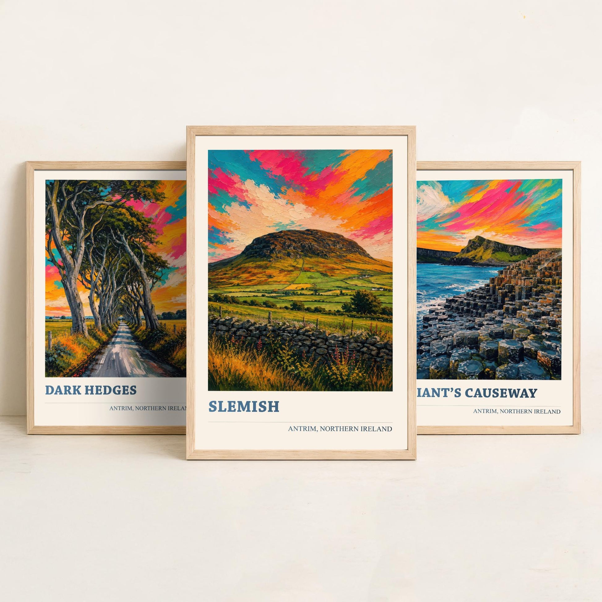 Antrim Northern Ireland Set of Three Prints | Dark Hedges Giants Causeway Slemish | Vibrant Impasto Painting Wall Art Poster