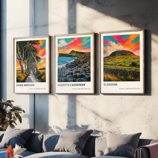 Antrim Northern Ireland Set of Three Prints | Dark Hedges Giants Causeway Slemish | Vibrant Impasto Painting Wall Art Poster