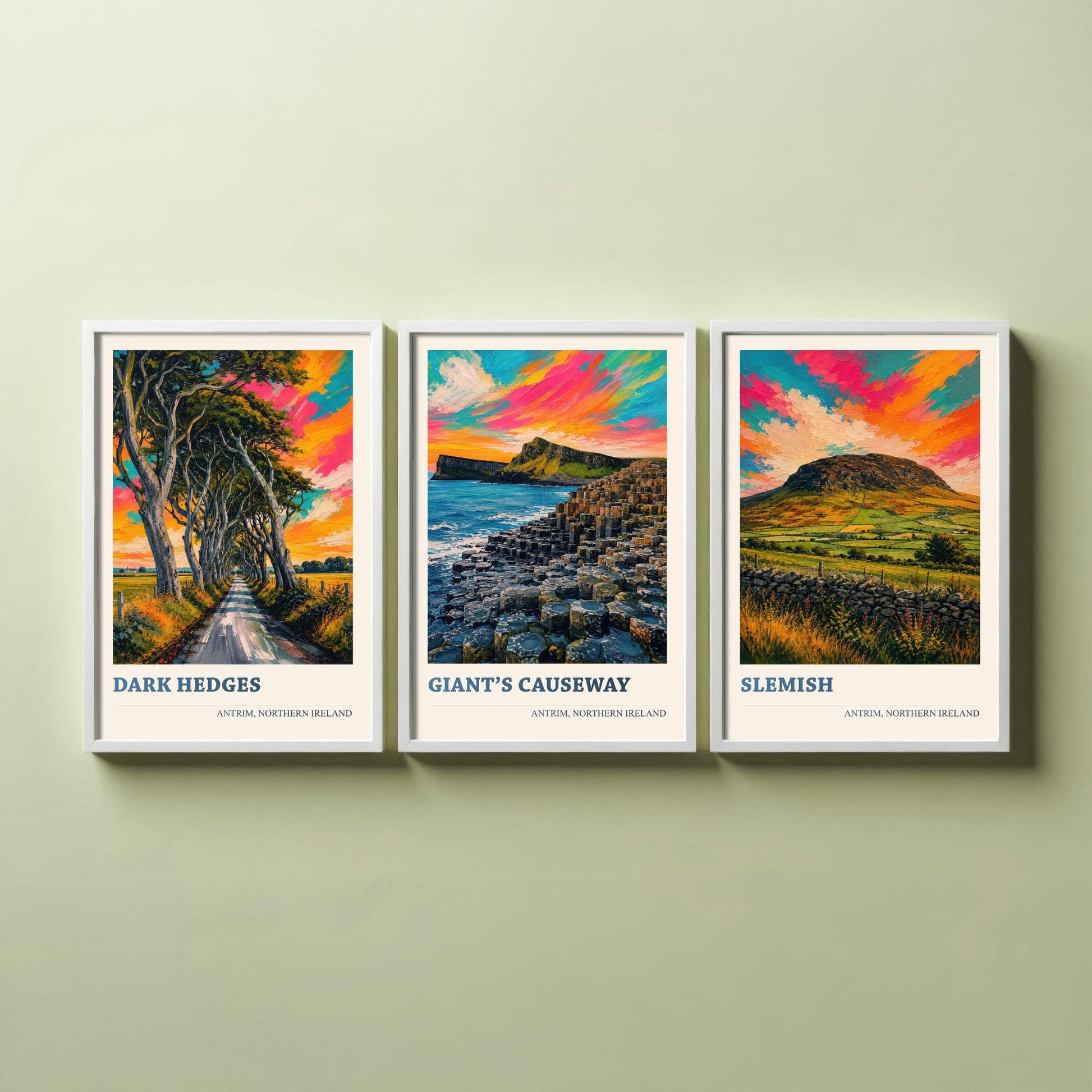 Antrim Northern Ireland Set of Three Prints | Dark Hedges Giants Causeway Slemish | Vibrant Impasto Painting Wall Art Poster