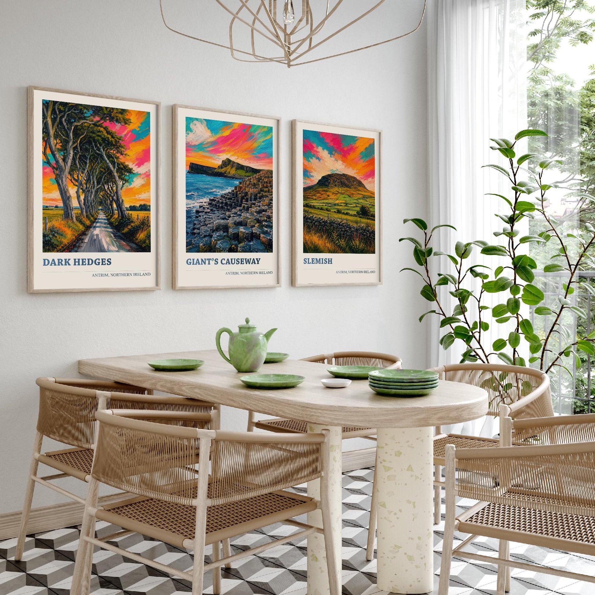 Antrim Northern Ireland Set of Three Prints | Dark Hedges Giants Causeway Slemish | Vibrant Impasto Painting Wall Art Poster