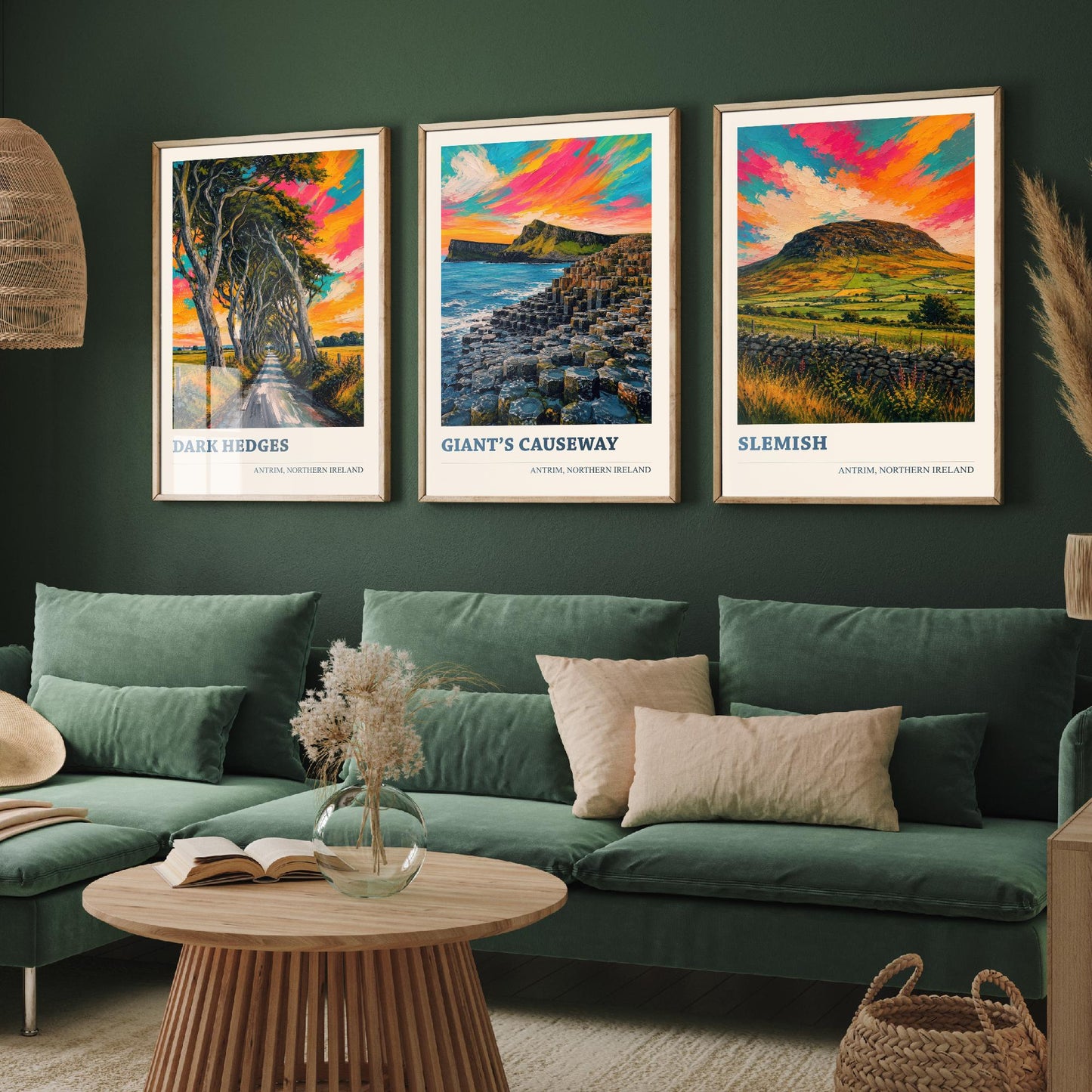 Antrim Northern Ireland Set of Three Prints | Dark Hedges Giants Causeway Slemish | Vibrant Impasto Painting Wall Art Poster