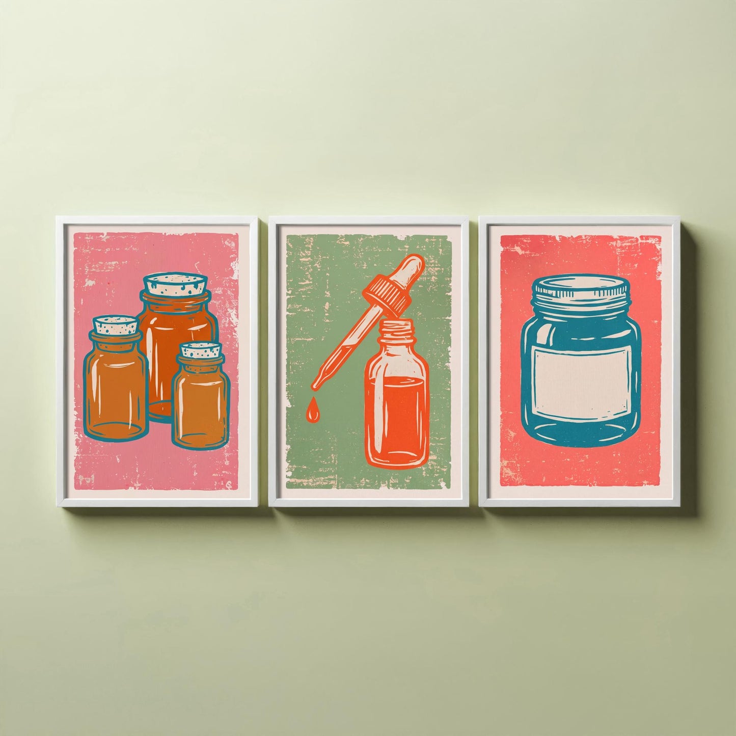 Set of Three Apothecary Art Prints - Amber Jars, Dropper Bottle & Labelled Jar - Linocut Style Illustrations - Pharmacy Posters V2