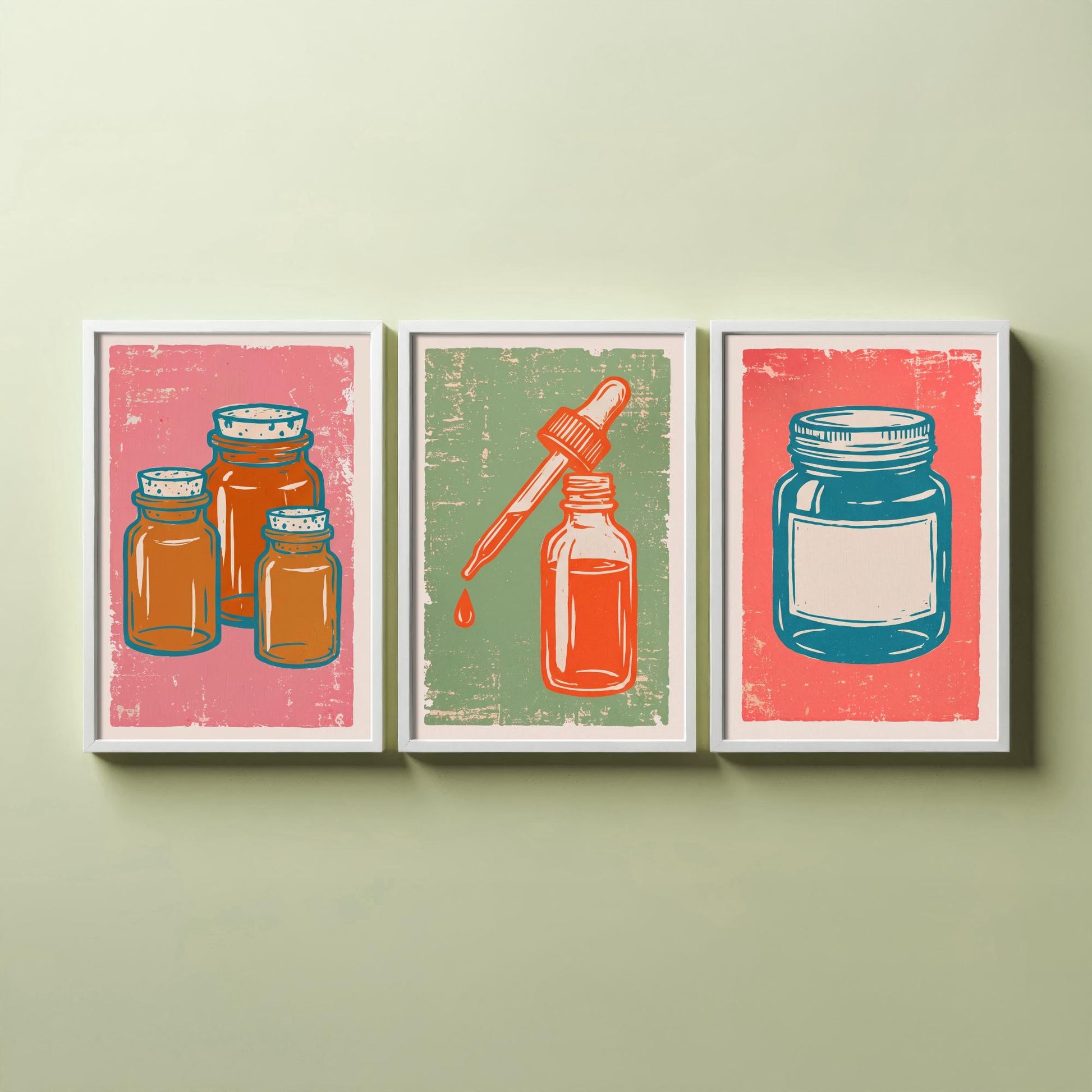 Set of Three Apothecary Art Prints - Amber Jars, Dropper Bottle & Labelled Jar - Linocut Style Illustrations - Pharmacy Posters V2
