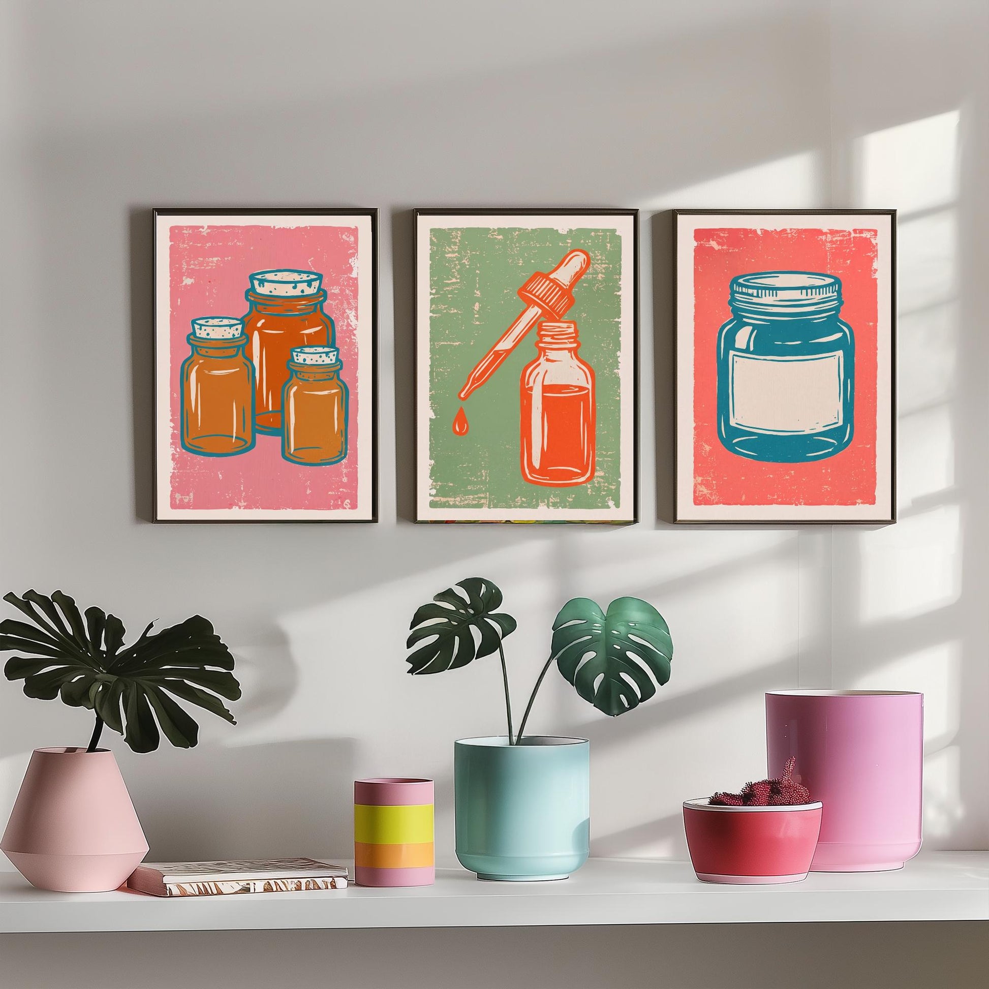 Set of Three Apothecary Art Prints - Amber Jars, Dropper Bottle & Labelled Jar - Linocut Style Illustrations - Pharmacy Posters V2