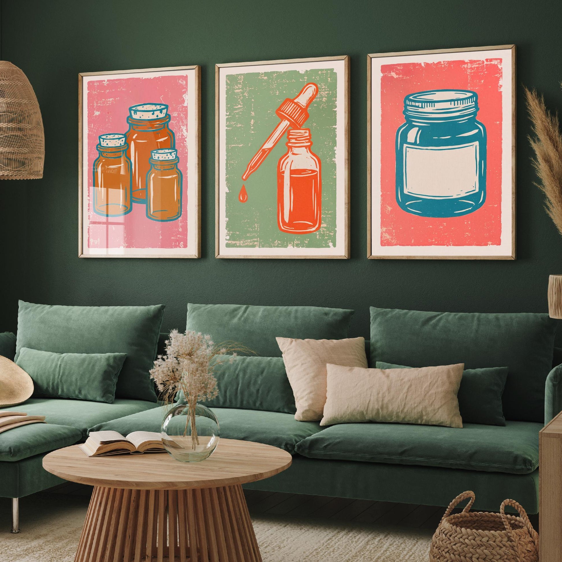 Set of Three Apothecary Art Prints - Amber Jars, Dropper Bottle & Labelled Jar - Linocut Style Illustrations - Pharmacy Posters V2