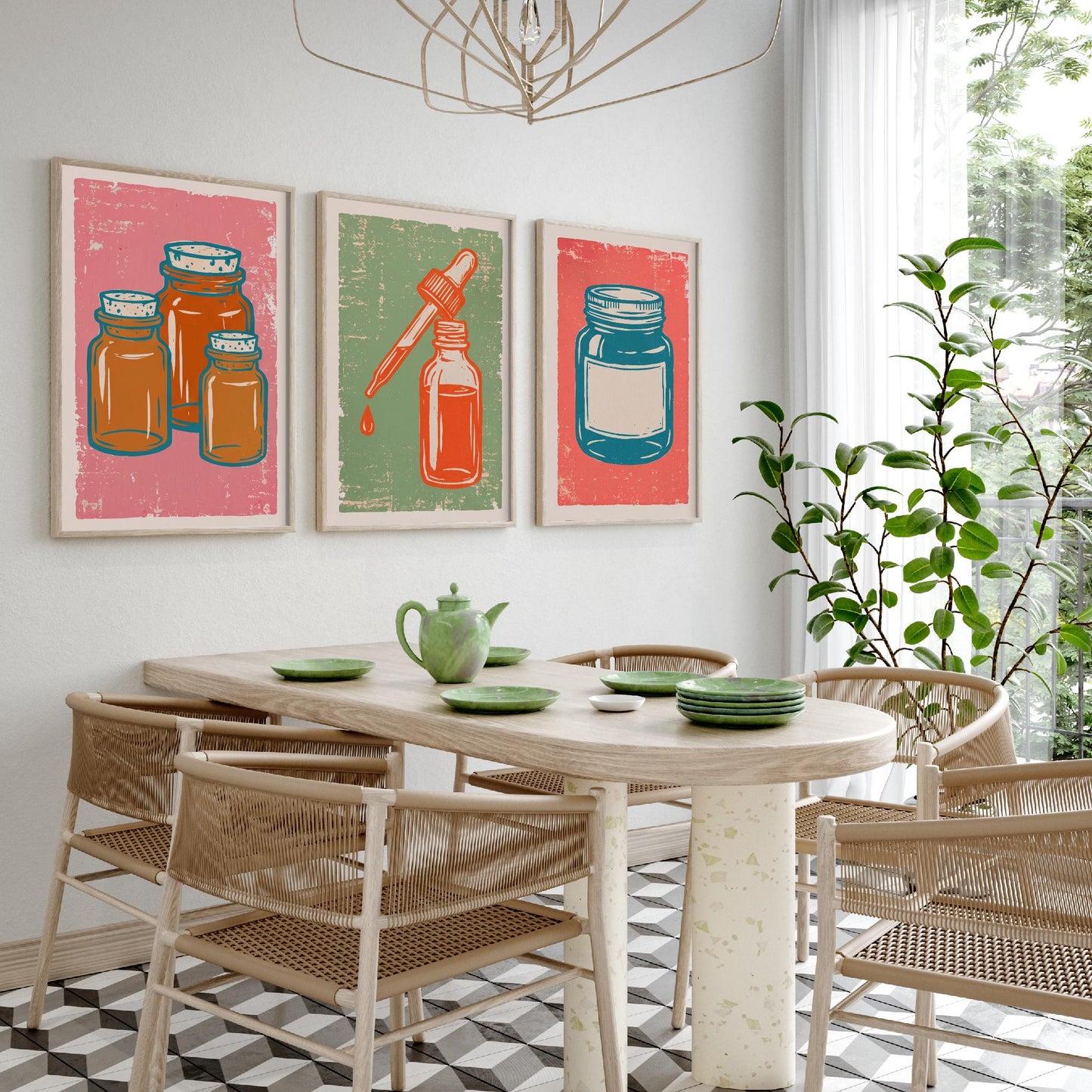 Set of Three Apothecary Art Prints - Amber Jars, Dropper Bottle & Labelled Jar - Linocut Style Illustrations - Pharmacy Posters V2